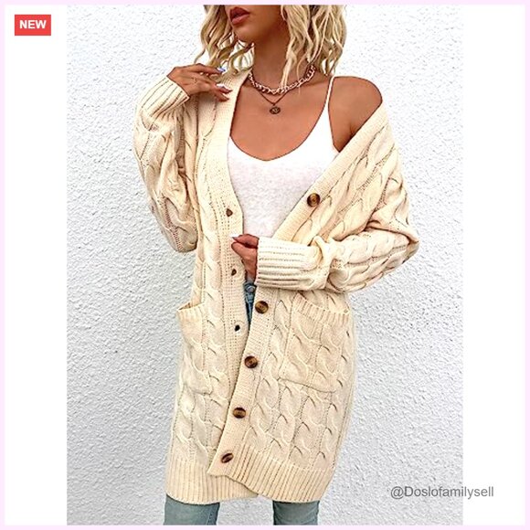 Women's Cable Knit Cardigan Sweater Open Front Loose Fit Long Sleeve with Pocket - Picture 2 of 7